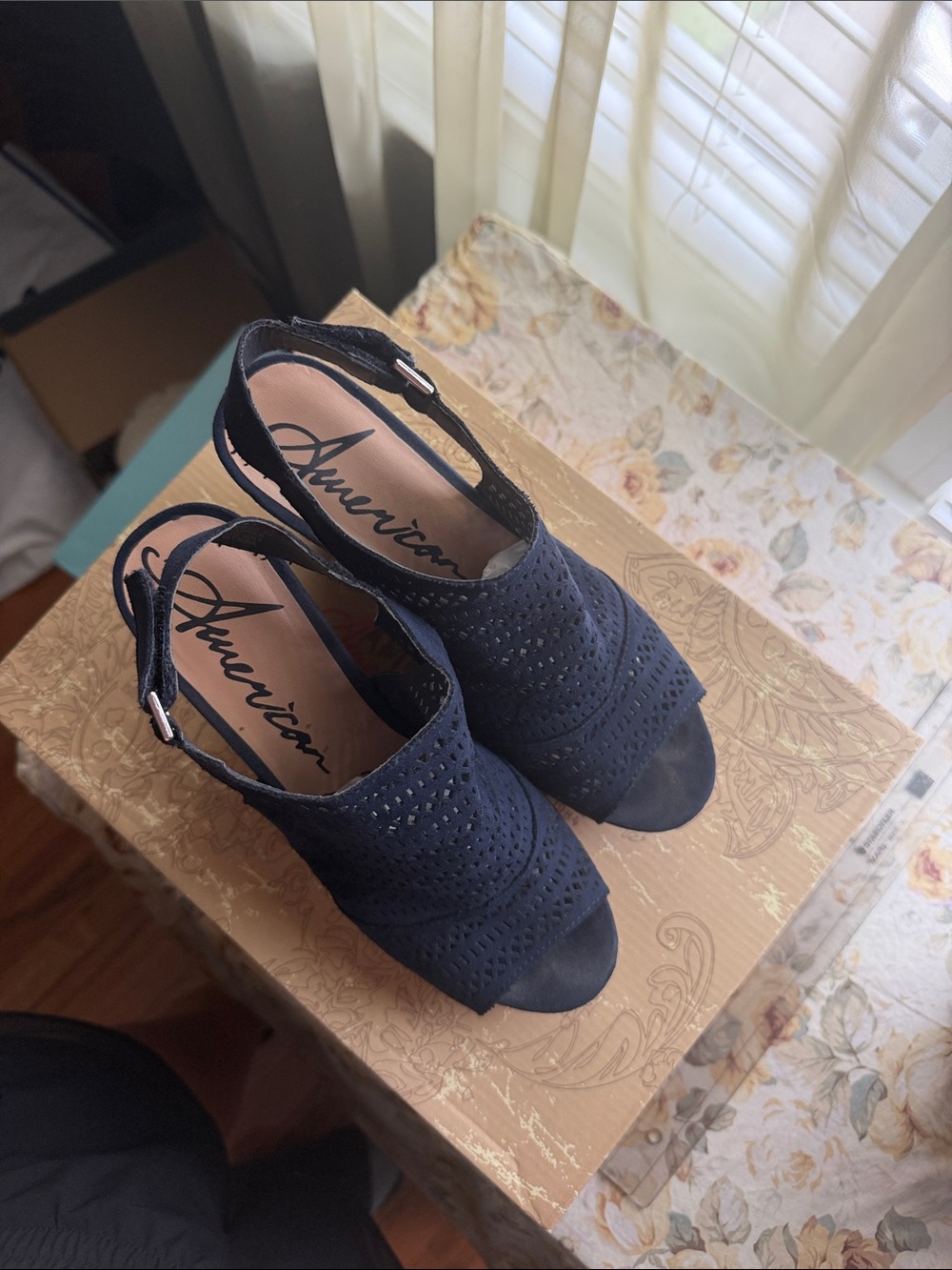 American Rag Navy Perforated Slingback Wedges
